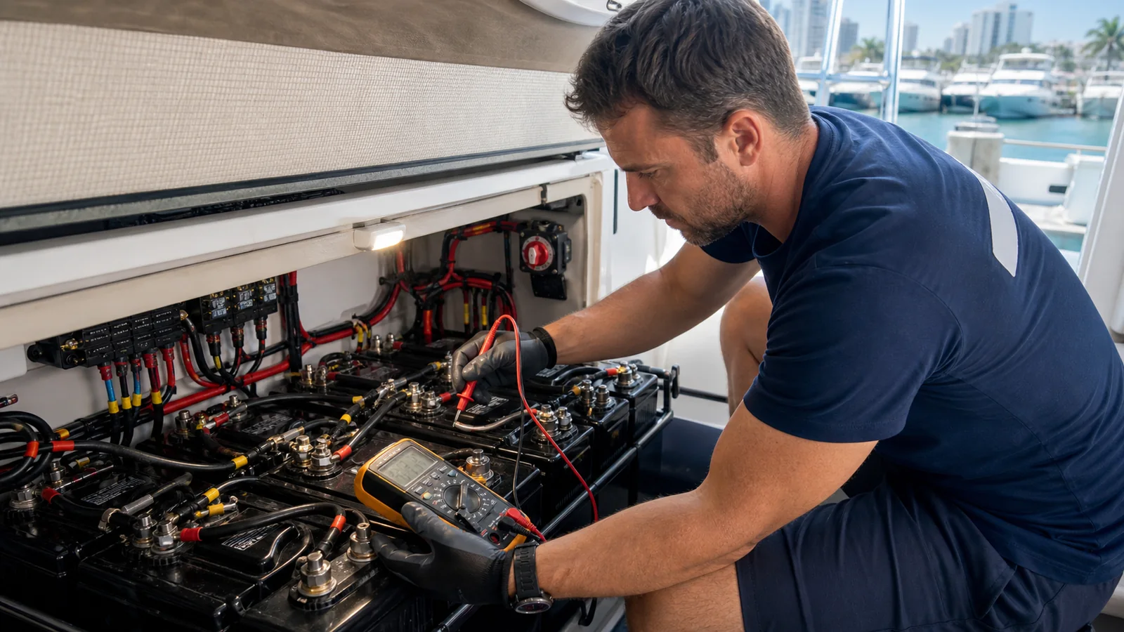 Electricista naval midiendo un banco de baterías de un yate