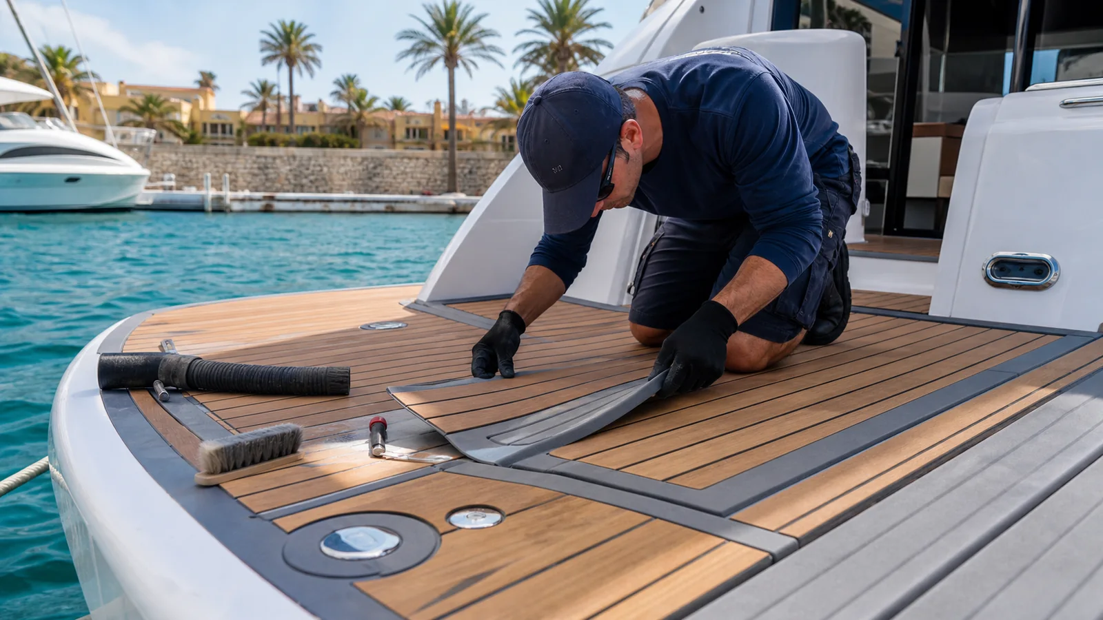 Instalador reparando una pieza levantada de piso EVA foam deck en un yate