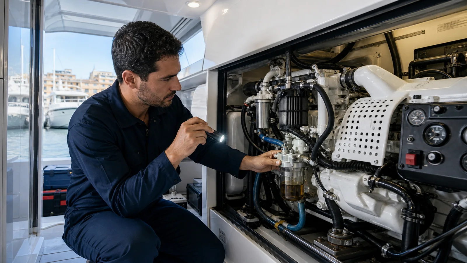 Mecánico revisando el sistema de refrigeración de un generador marino
