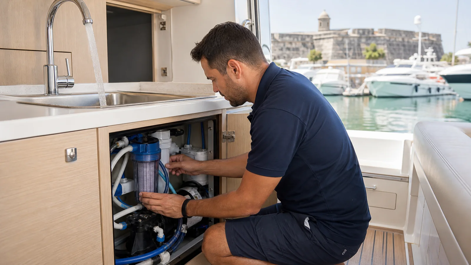 Técnico revisando el filtro del sistema de agua dulce de un yate