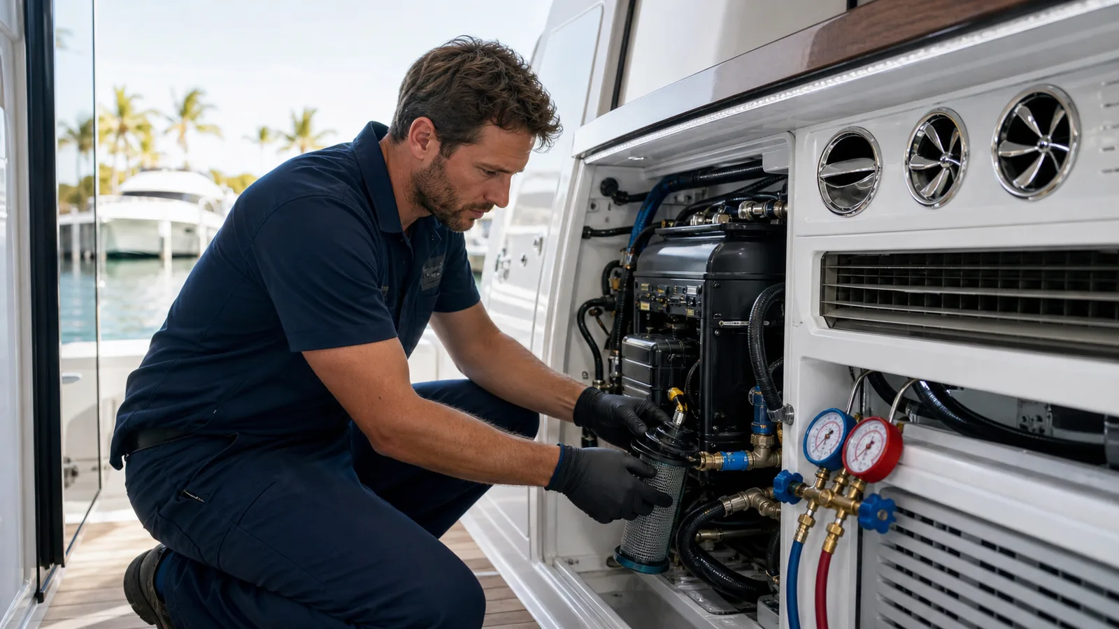 Mantenimiento de aire acondicionado y sistemas eléctricos de un yate