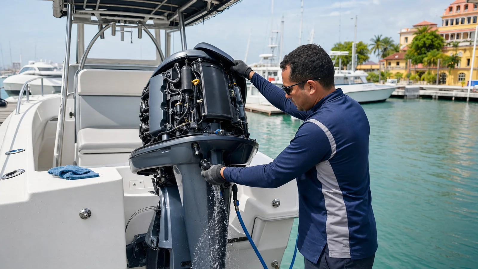 Técnico revisando un motor fuera de borda en una marina de Cartagena