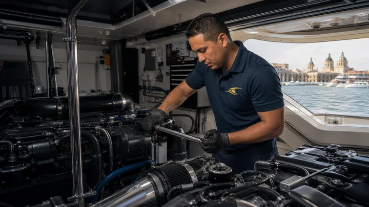 Técnico realizando mantenimiento de mecánica naval