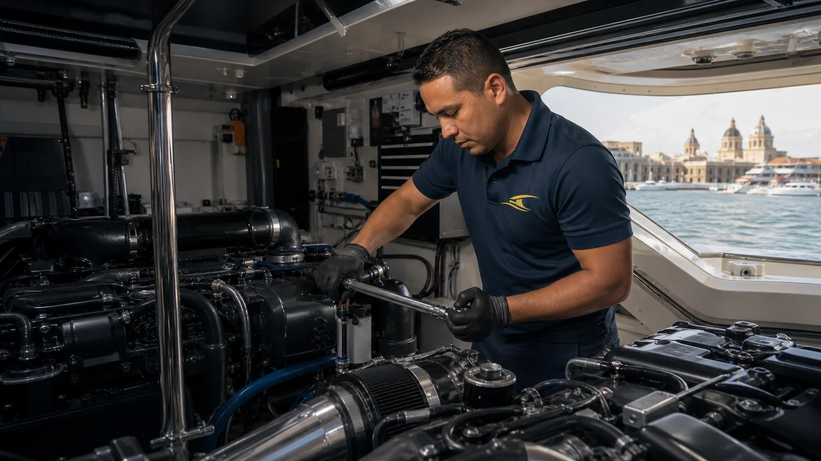 Mecánico naval de Colombia Boat Detailing reparando el motor de un yate en Cartagena