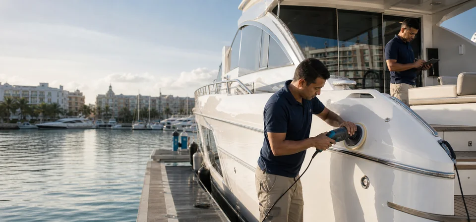 Técnicos trabajando en el mantenimiento de un yate